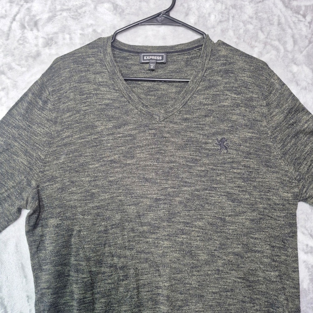Express Mens V-Neck Sweater Olive Green Marl Cotton Lion Logo Pullover Size M